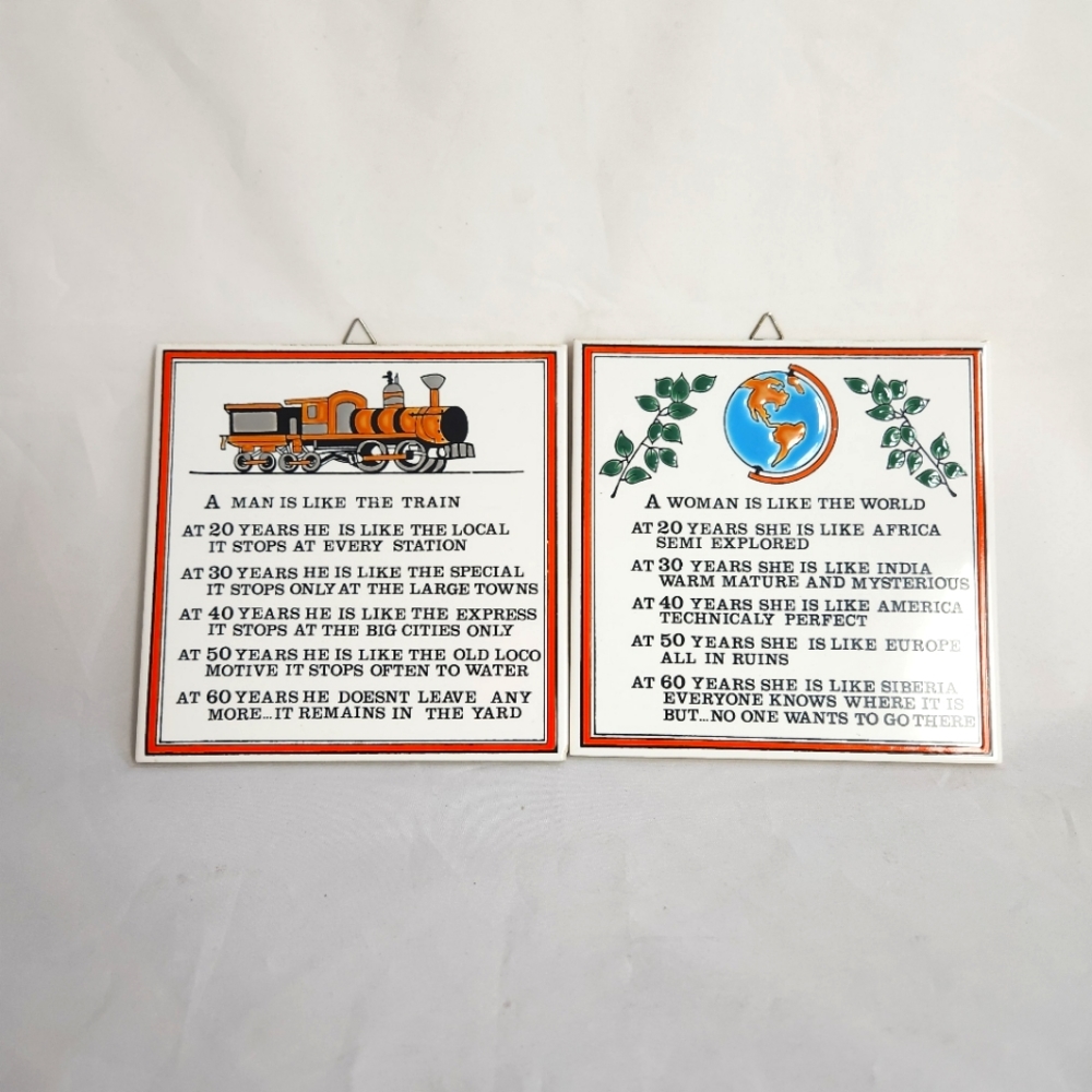 Pandora Ceramics Wall Tile Plaques Man Like Train, Woman Like World